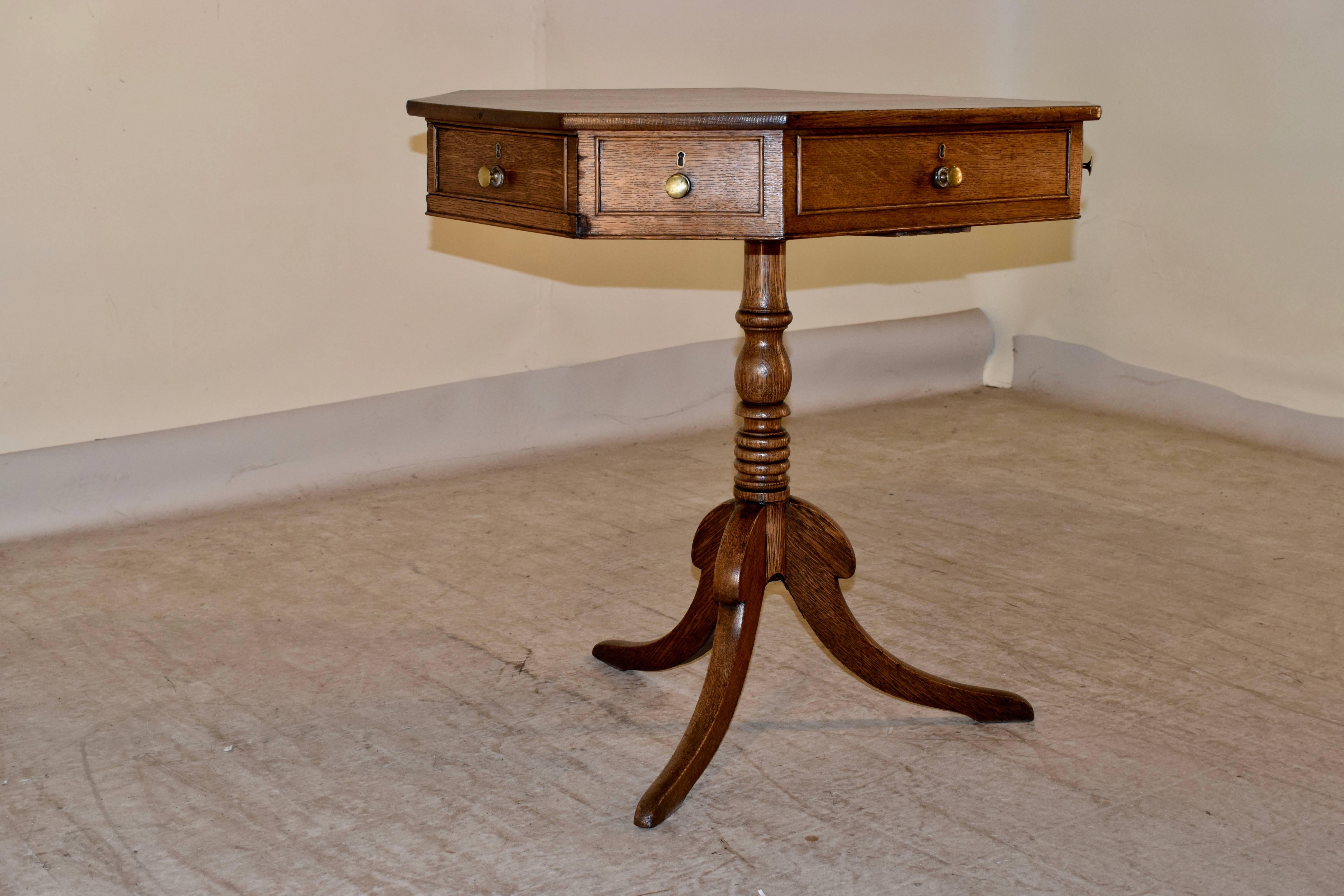 18th century English rent table made from oak. The top is octagonally shaped and follows down to false drawers on the front and back and two functioning drawers on either end. This type of table was called a rent table because that is what is was