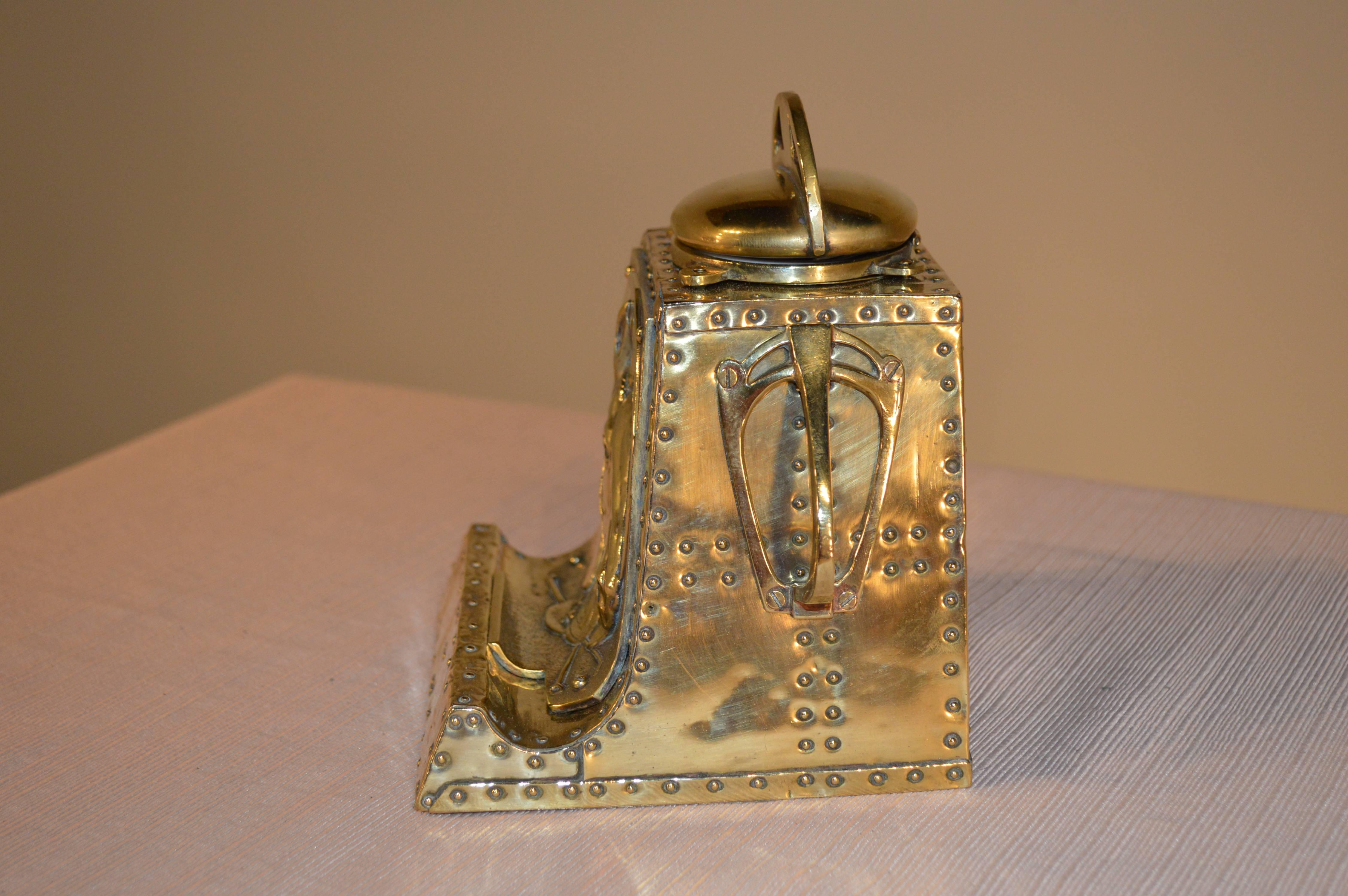 Victorian 19th Century Brass Inkwell with Equestrian Design
