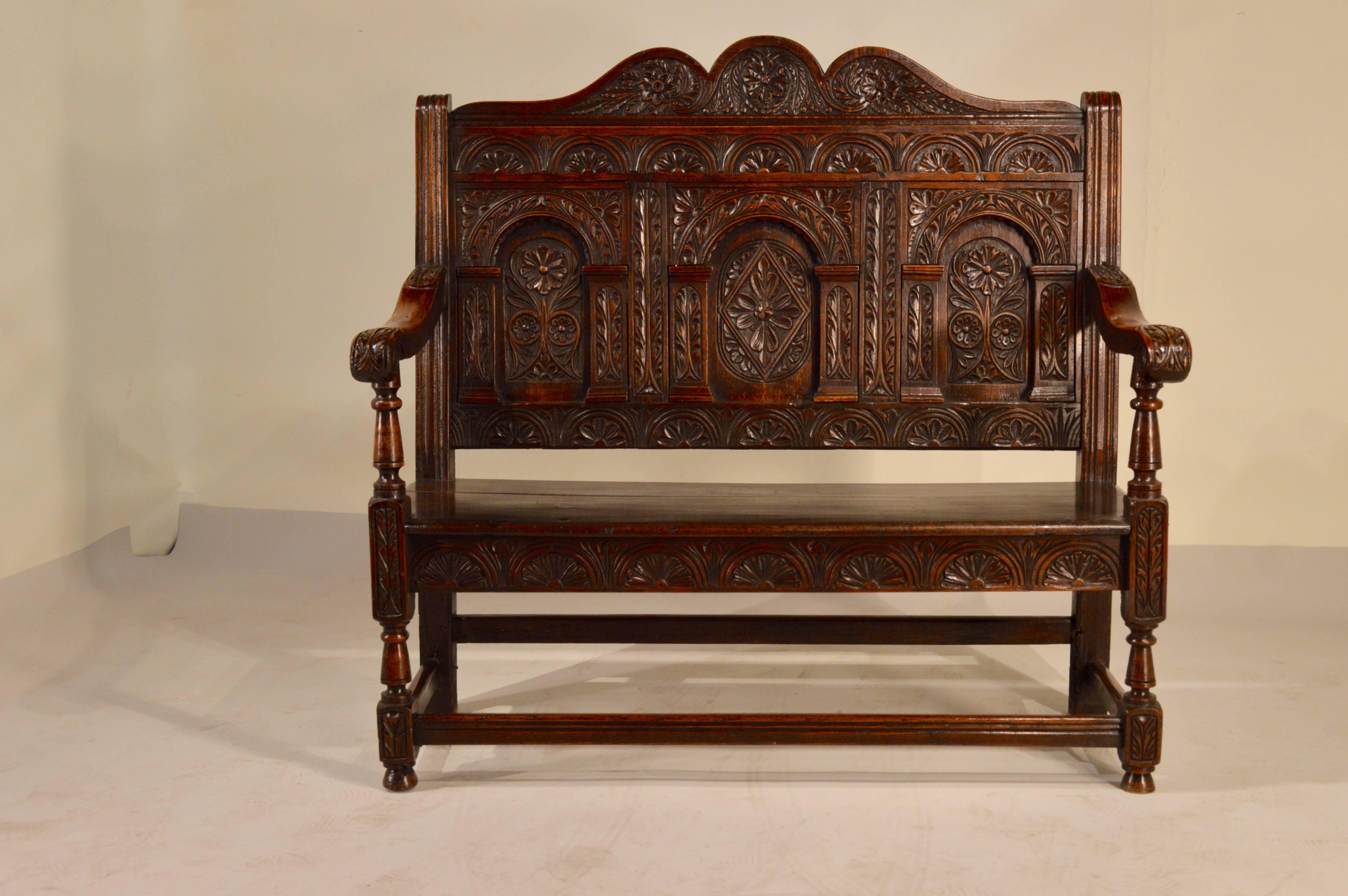 Early 19th Century Carved English Oak Settee 2