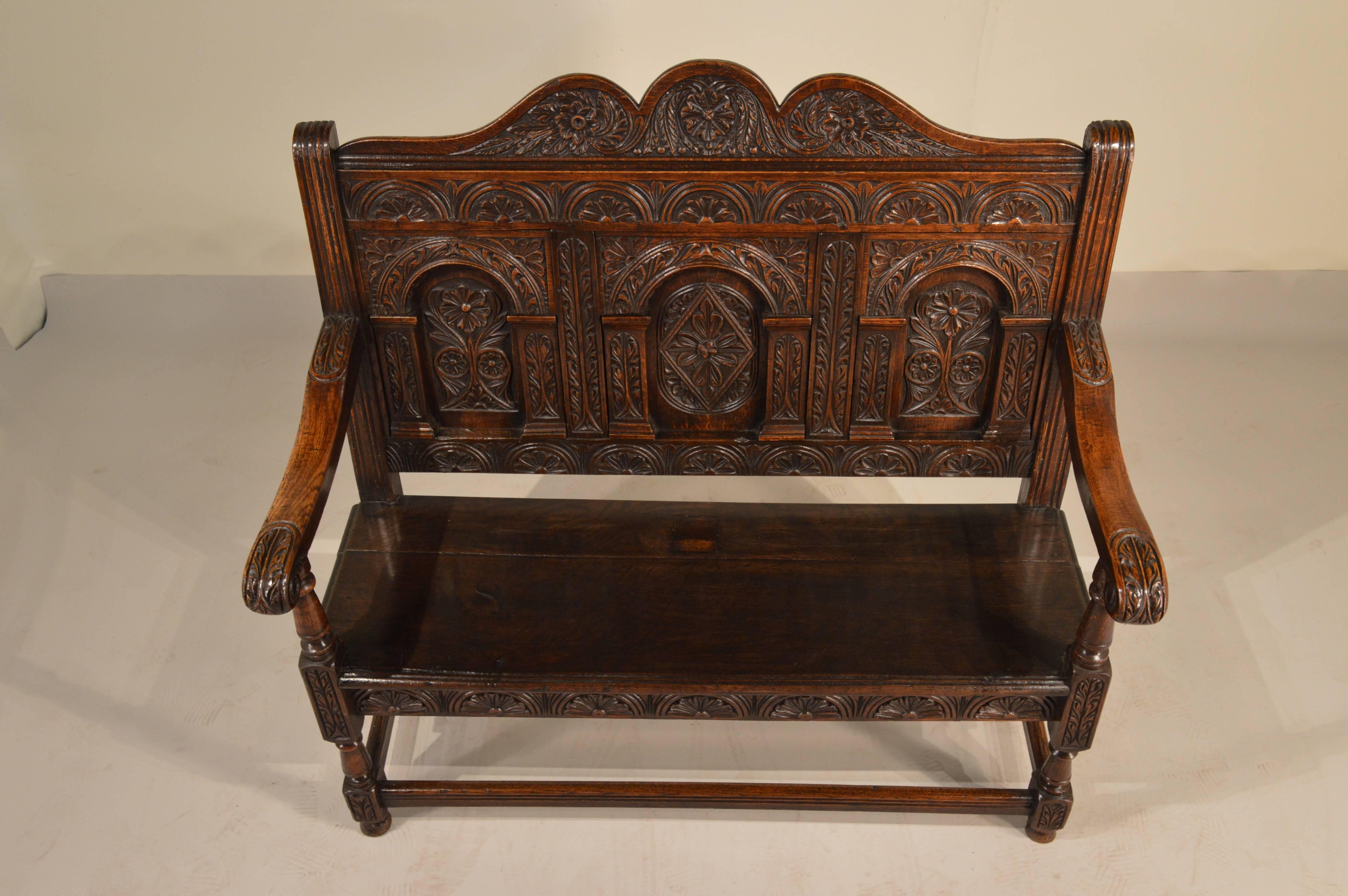 Early 19th Century Carved English Oak Settee 1