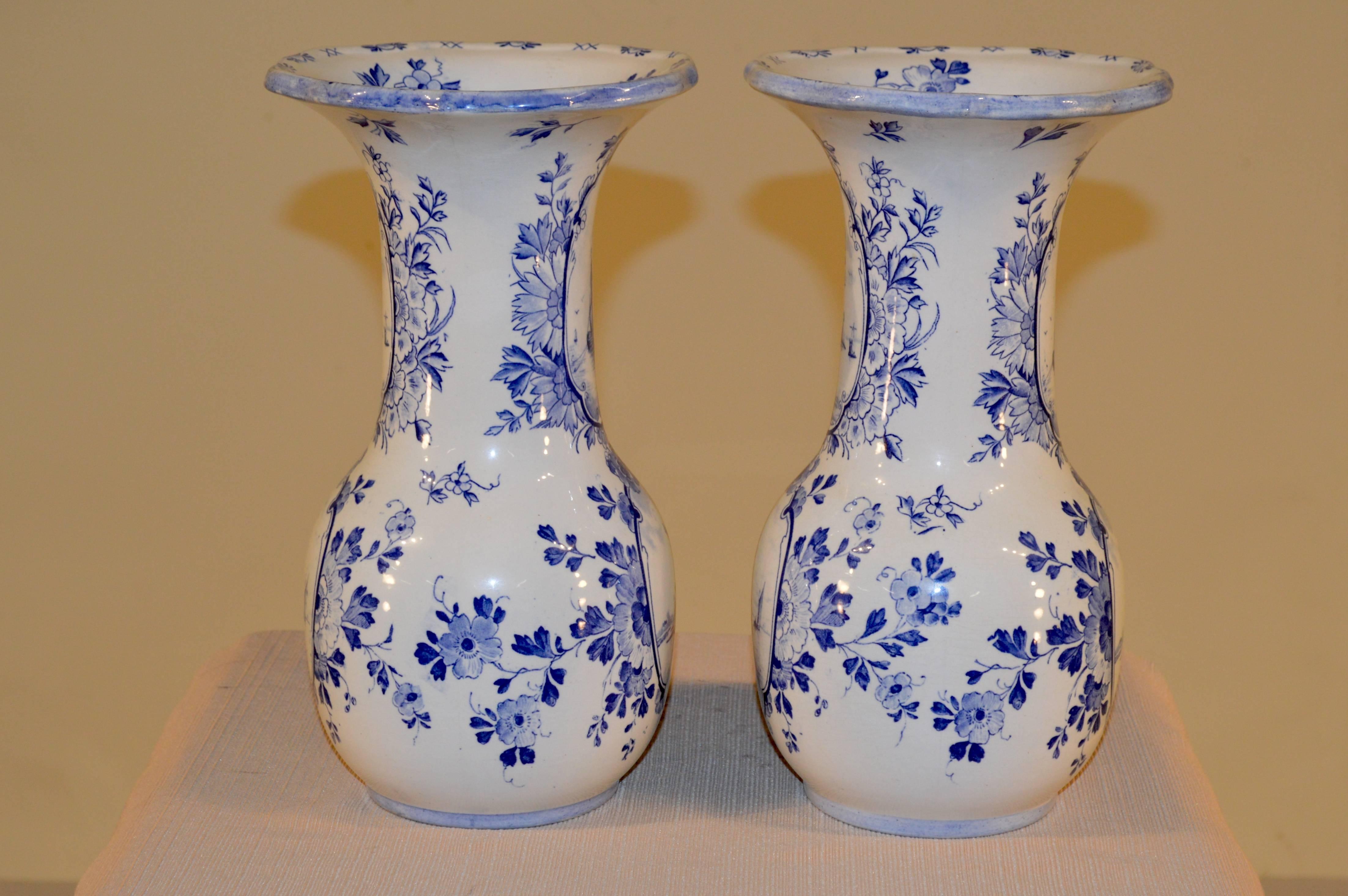Victorian 19th Century Pair of English Delft Vases