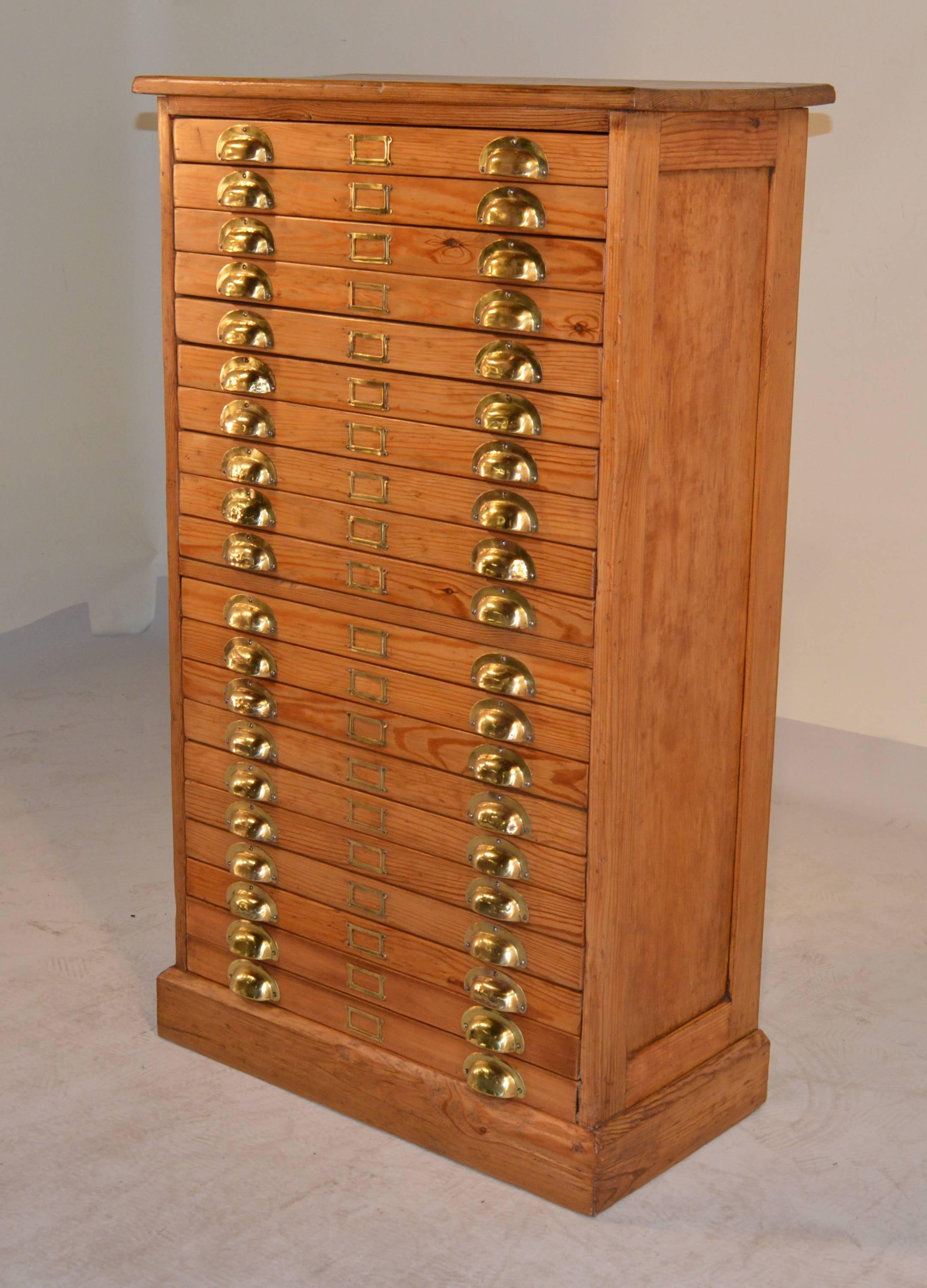 19th-C. English pine specimen cabinet with wonderful graining throughout piece and paneled sides over a banded base.  The drawers are shallow and were used for scientific specimens, such as butterflies.  It retains its original brass handles.