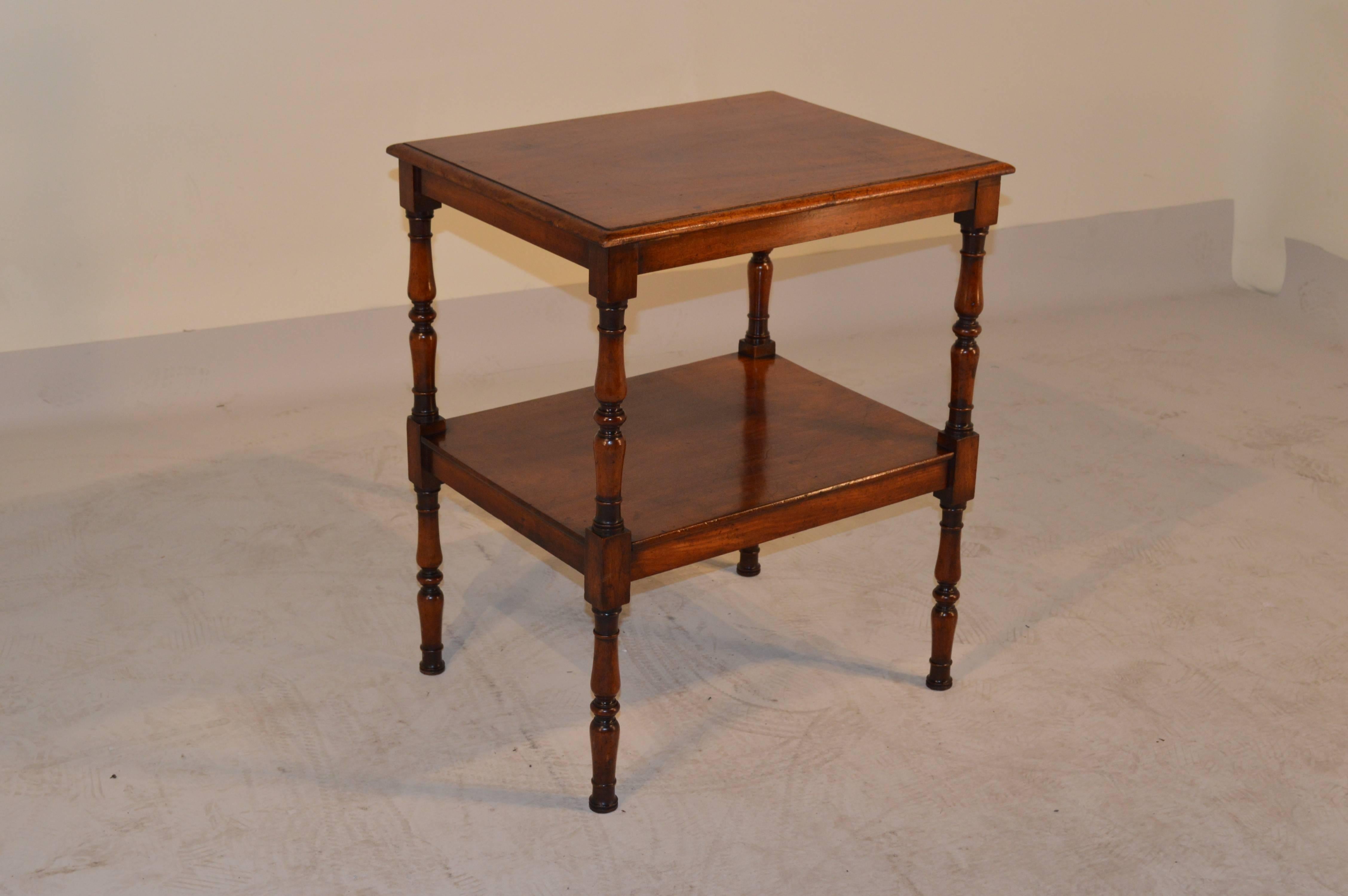 Late 19th-C. English side table made from Mahogany. The top has a beveled edge around the top and has a lower shelf and nicely turned legs.