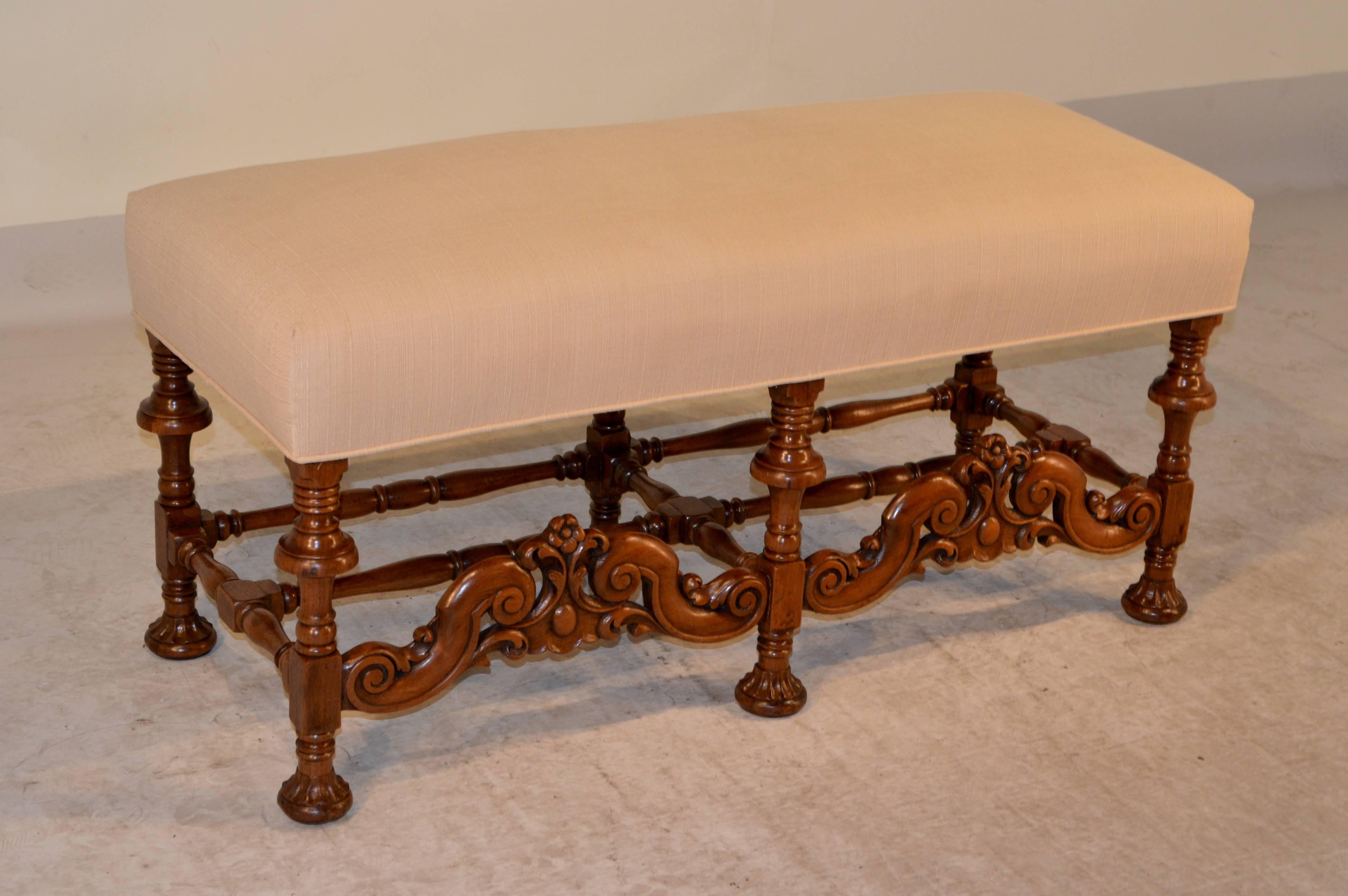 Turned 19th Century English Walnut Upholstered Bench