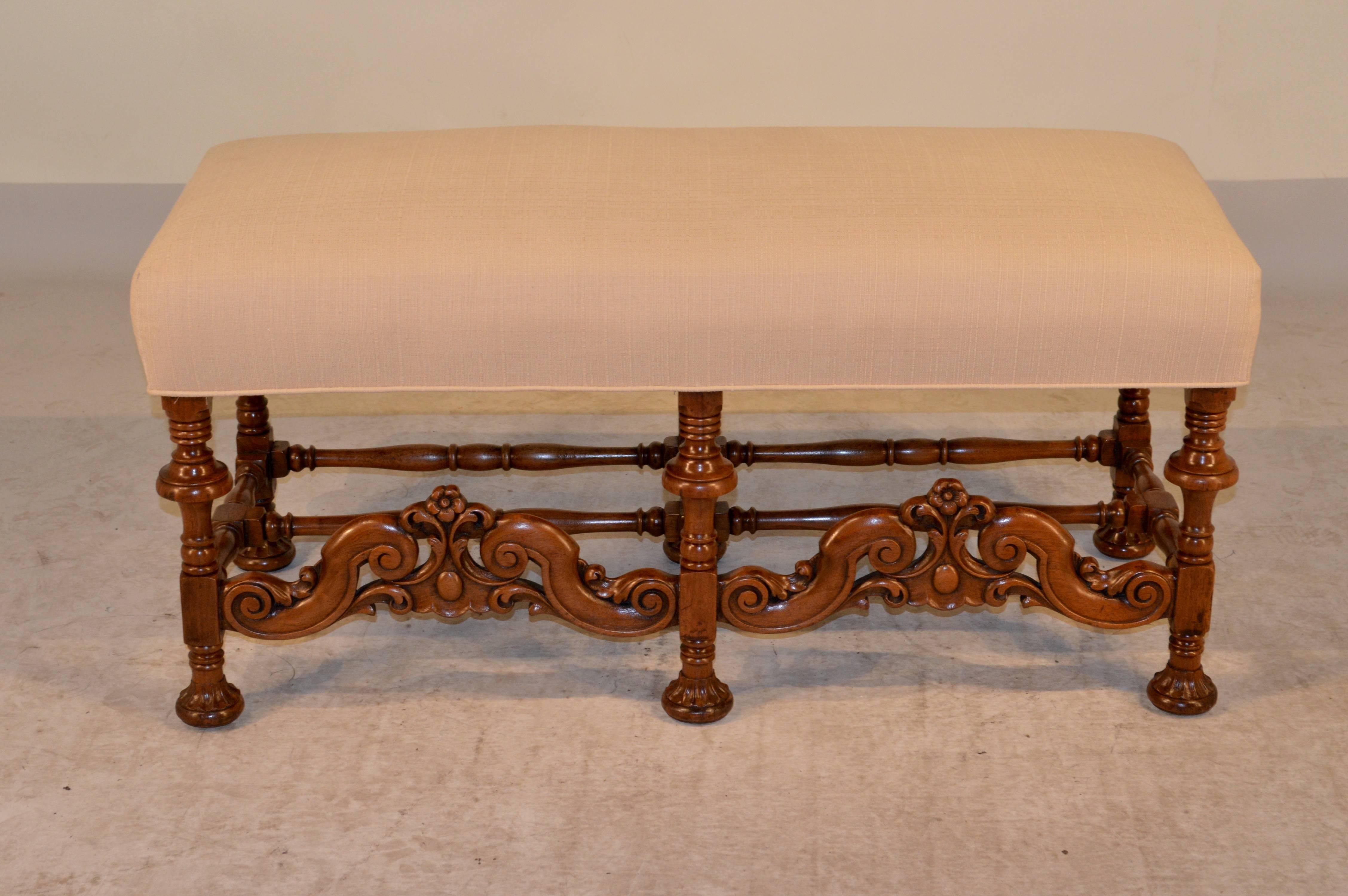 19th Century English Walnut Upholstered Bench 2