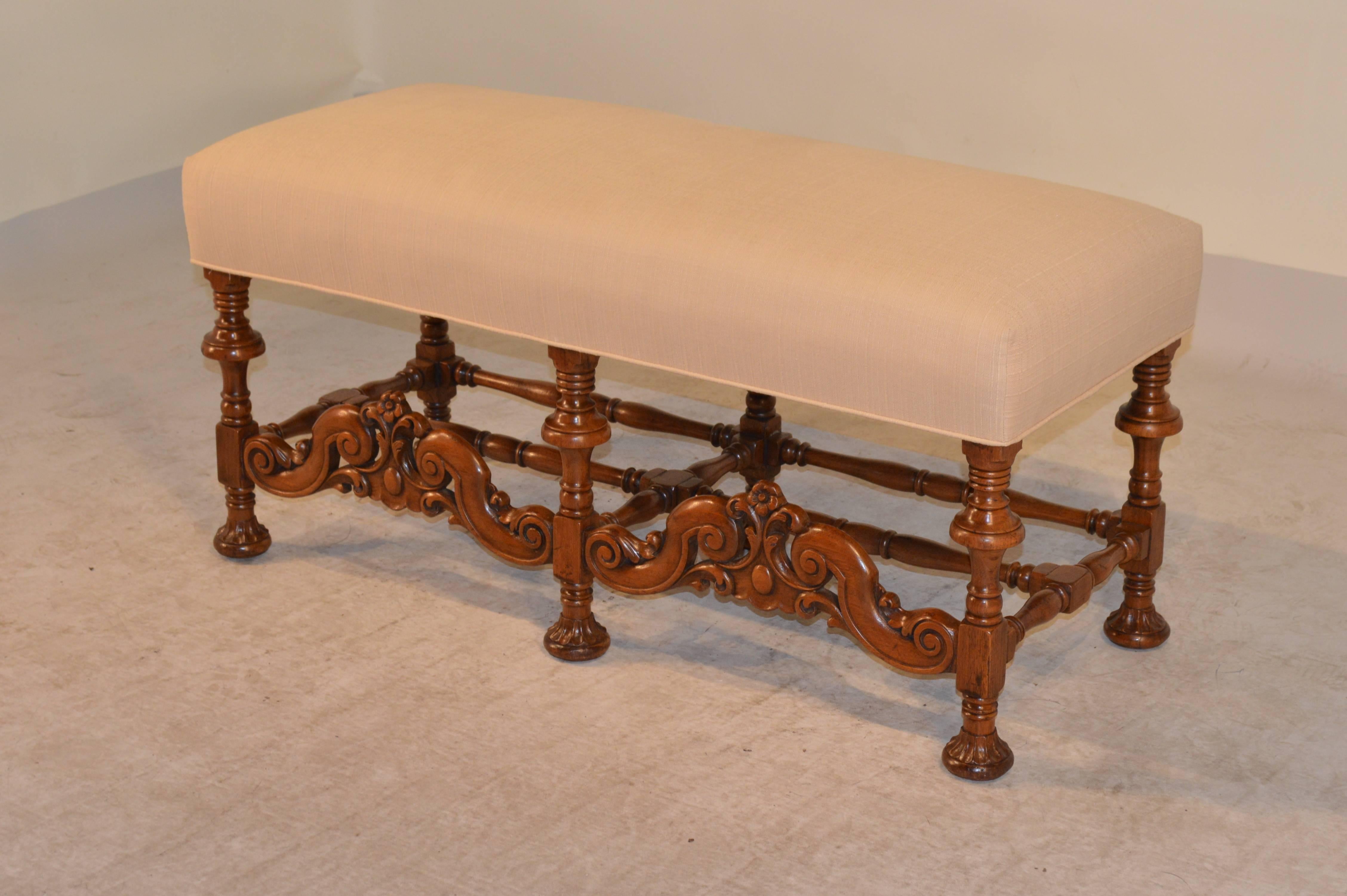 Victorian 19th Century English Walnut Upholstered Bench