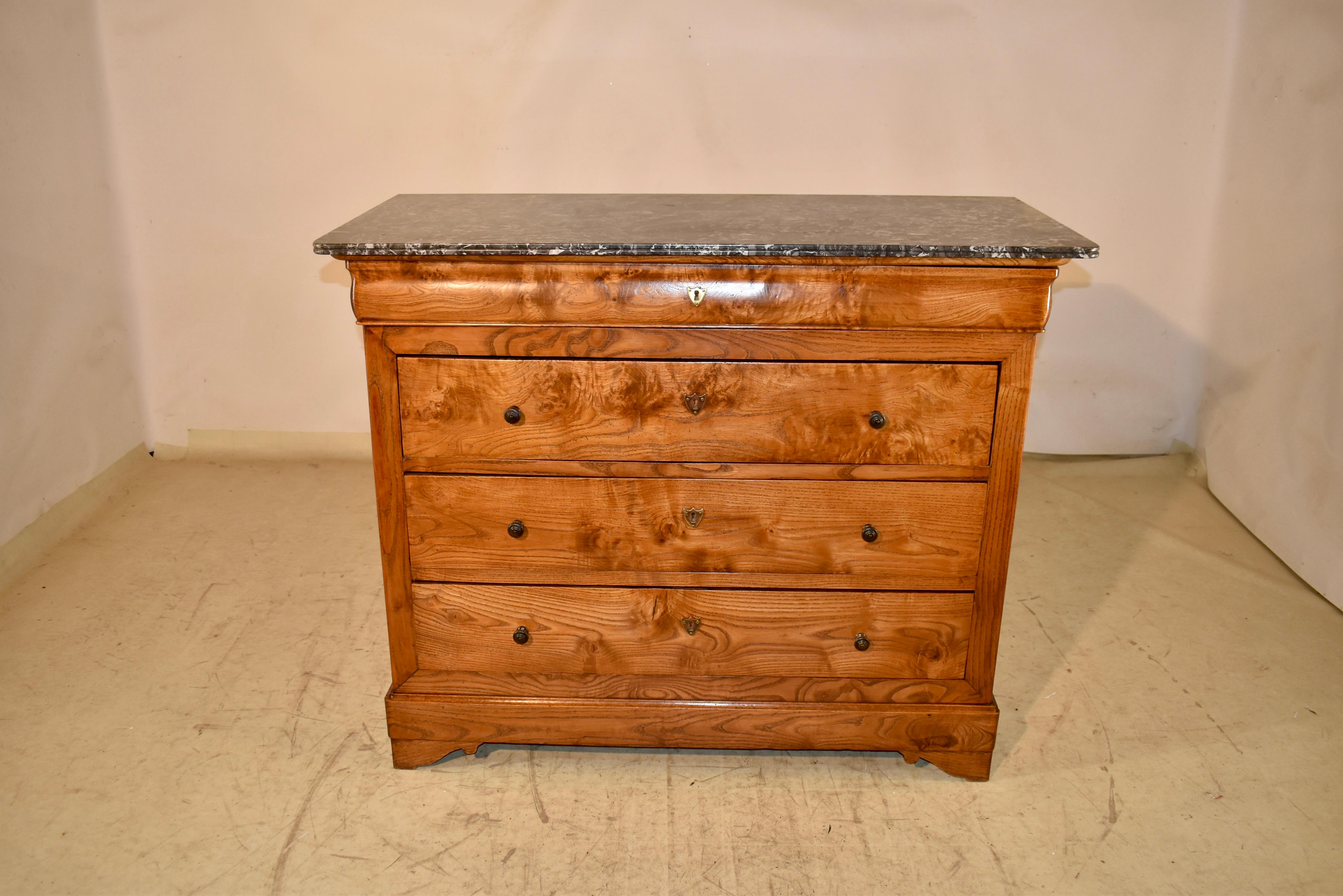19th century burl ash commode from France .  This is a period Louis Philippe piece, with a fabulous gray marble top.  The color and matrix are absolutely amazing in this top! The case is made entirely from burl ash, and exhibits the most gorgeous