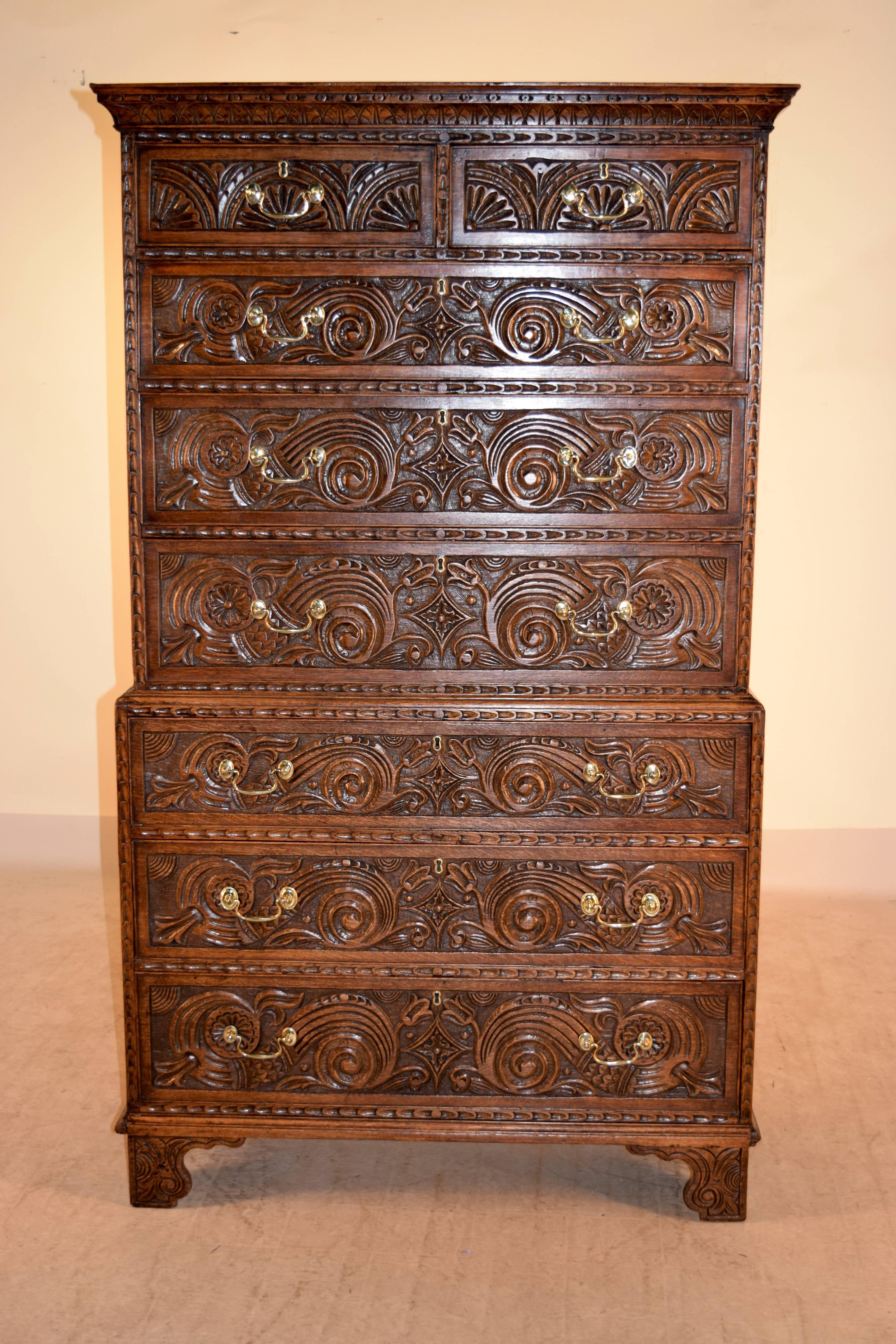 Carved 18th Century English Oak Chest on Chest