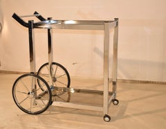 Mid-Century Chrome and Smoked Glass Two Tier Rolling Bar Cart