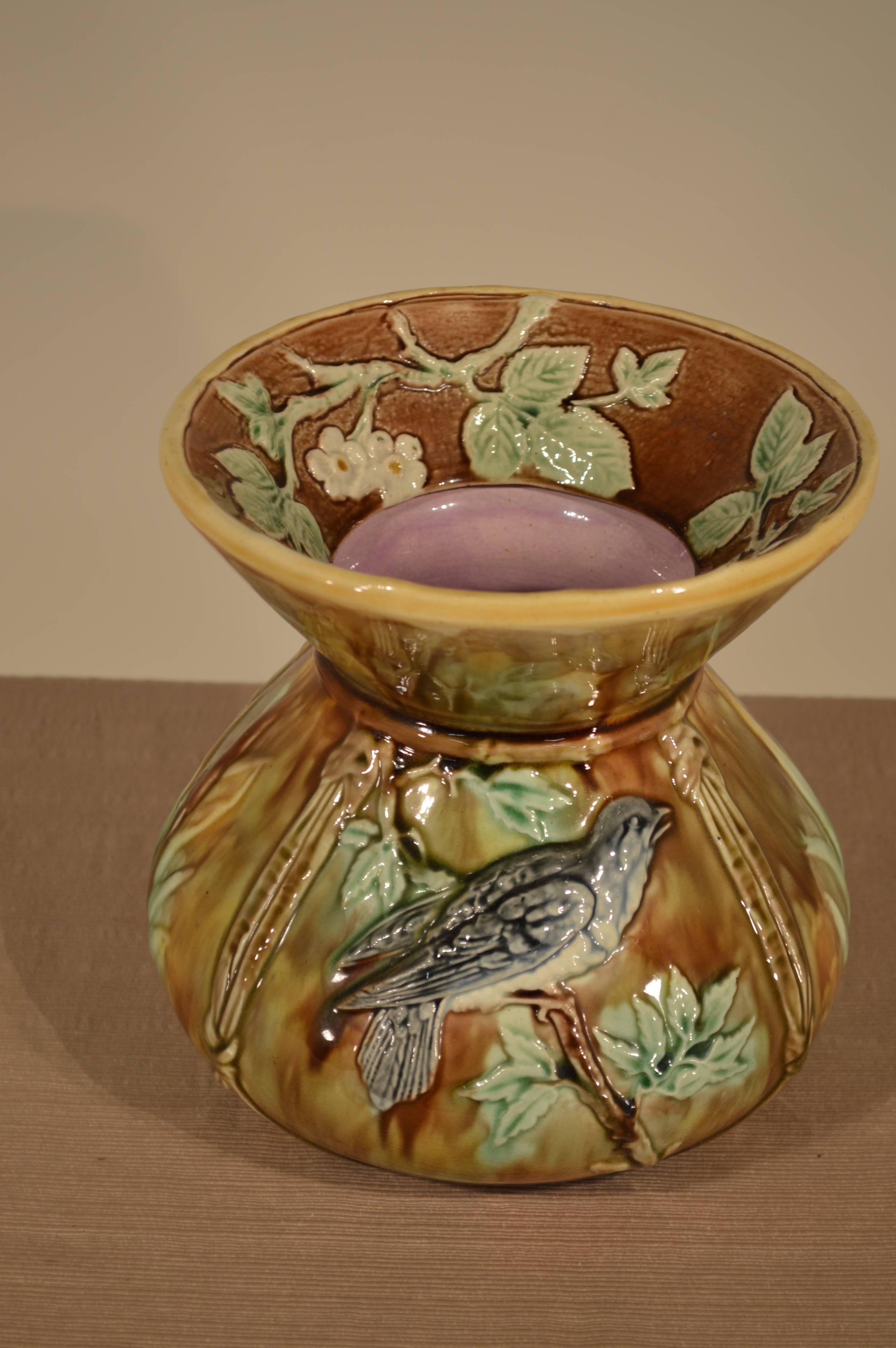 19th century English spitoon with bird and flower decoration. Lovely color and shape.