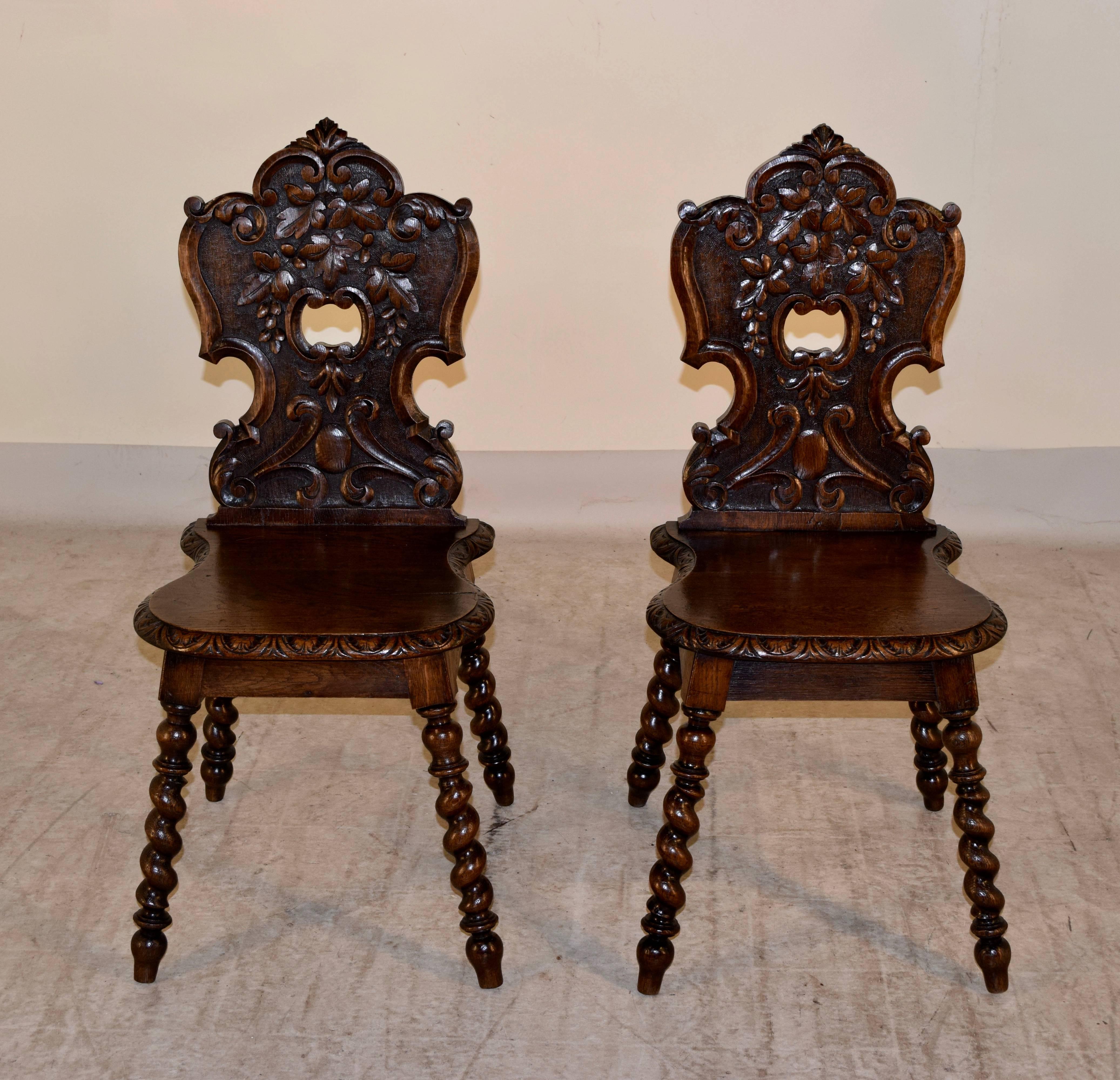 Victorian 19th Century Pair of Carved Oak Hall Chairs