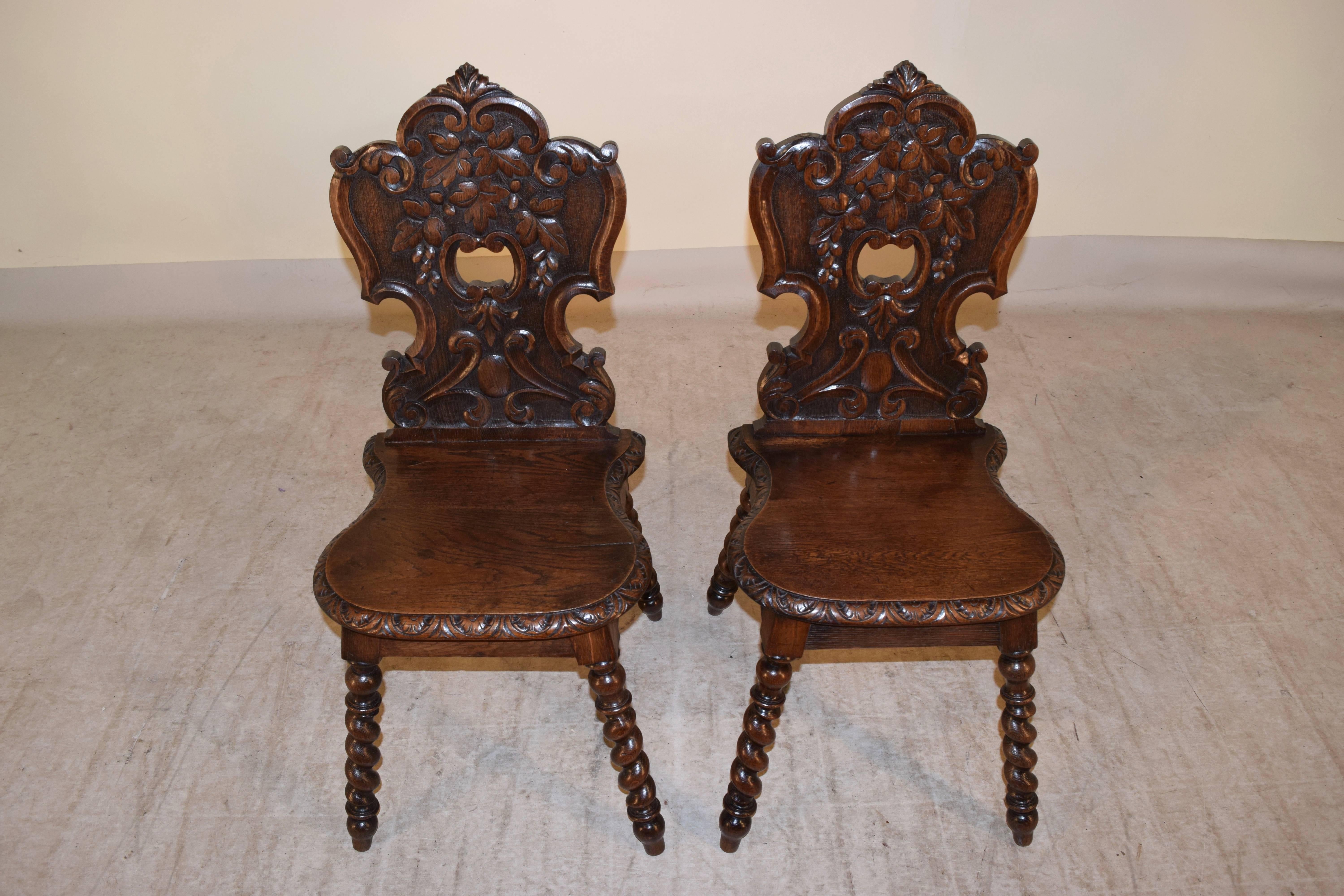 Hand-Carved 19th Century Pair of Carved Oak Hall Chairs