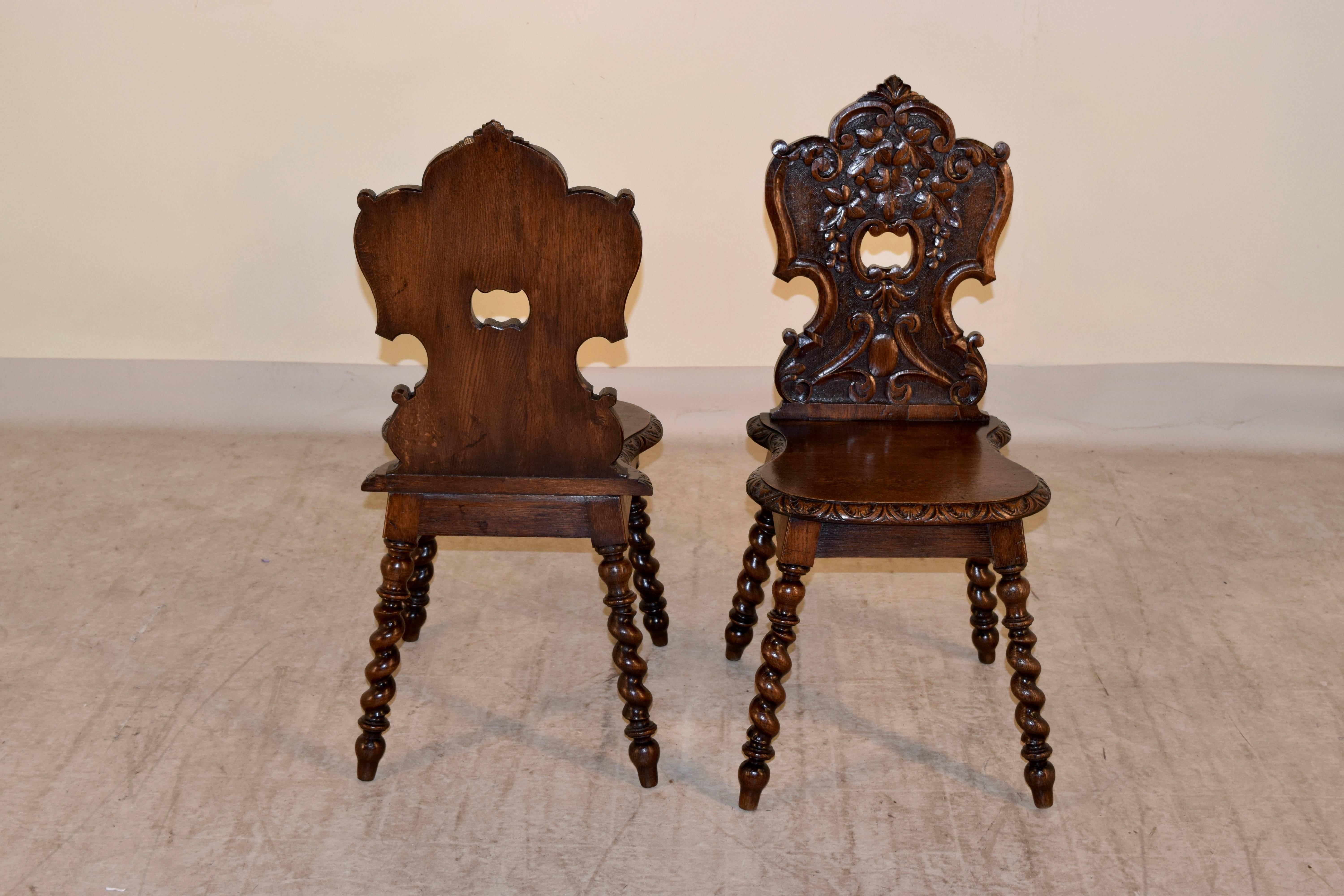 English 19th Century Pair of Carved Oak Hall Chairs