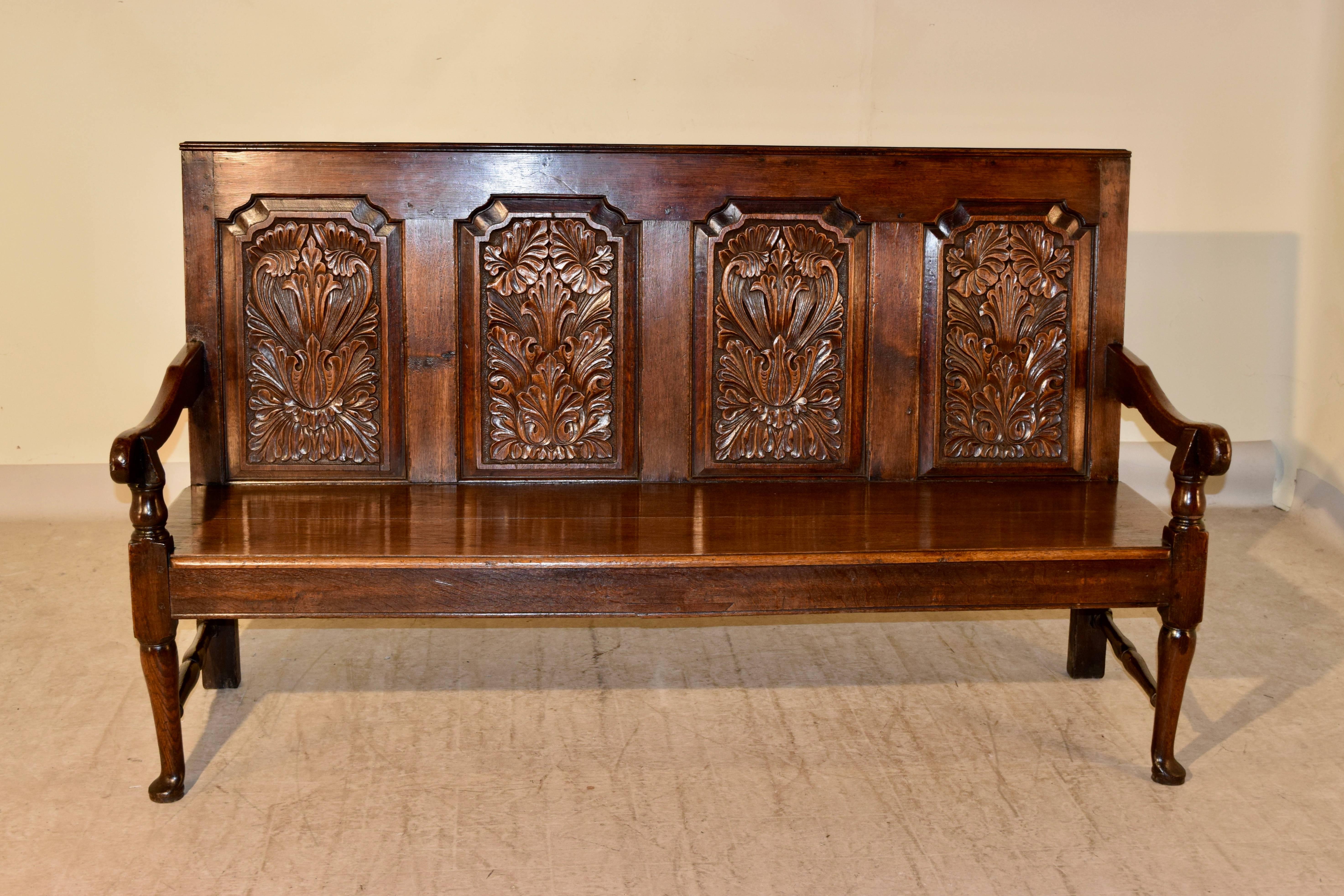 Hand-Carved 18th Century English Carved Oak Bench