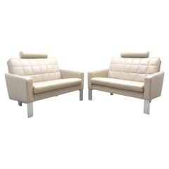 Pair of Leolux Grey Leather Compact Sofas, Netherlands