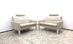 Pair of Leolux Grey Leather Compact Sofas, Netherlands