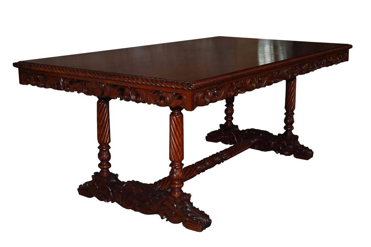 Mahogany 20th Century Neo Renaissance Italian Hand-Carved Table and Matching Sidetables