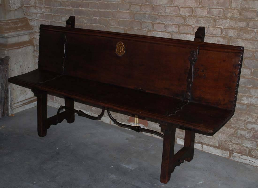 Beautifull bench from the catalonia region of Spain.
Wonderfully constructed with authentic forged iron stretchers.
This bench is made from solid boards of walnut and has a nice patina.
Originates catalonia, Spain, dating app. 1650