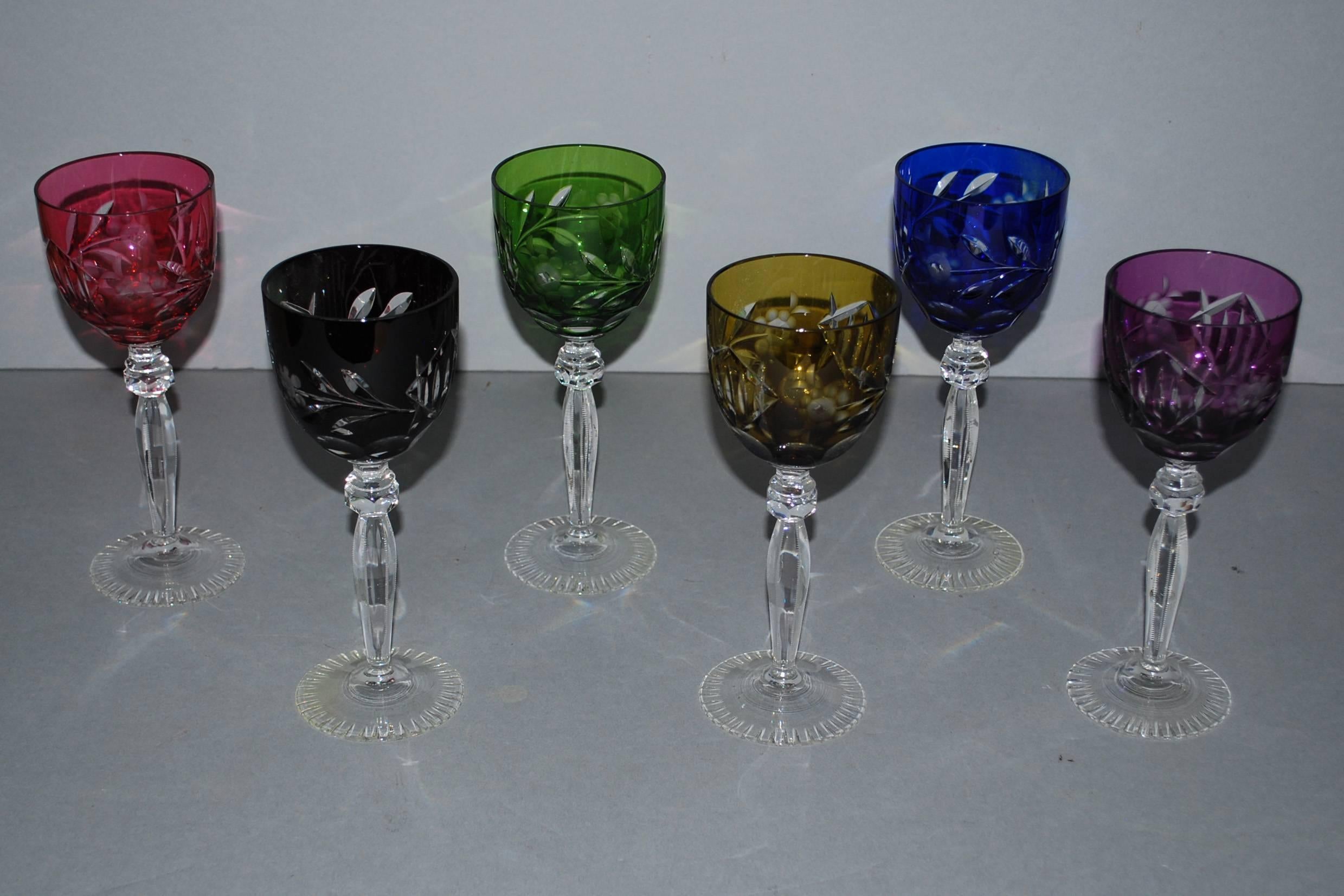 German Lot of Six Coulored and Polished Crystal Wine Glasses 