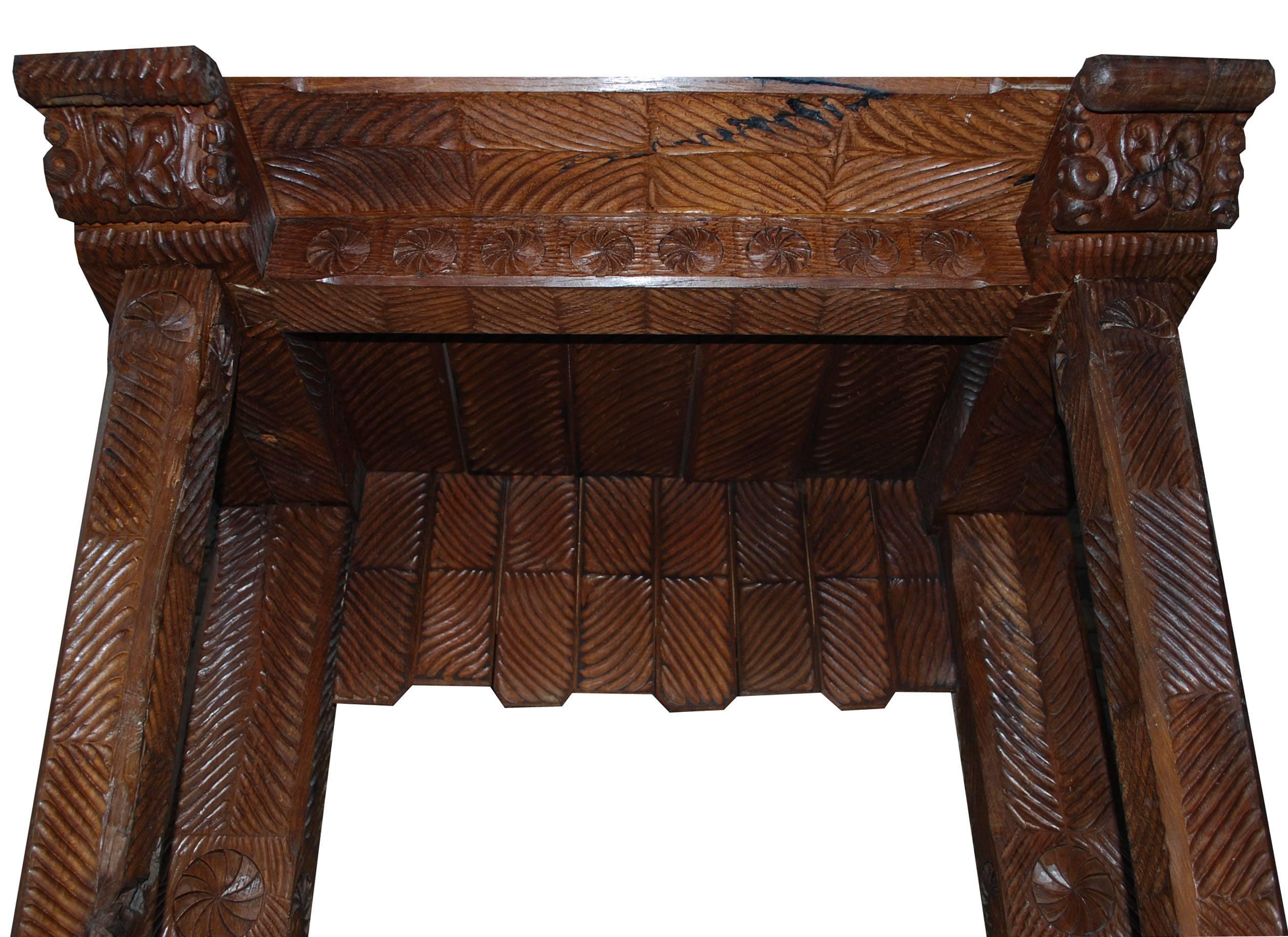 20th Century Hand-Carved Oakwood Fireplace Mantel In Good Condition For Sale In Casteren, NL