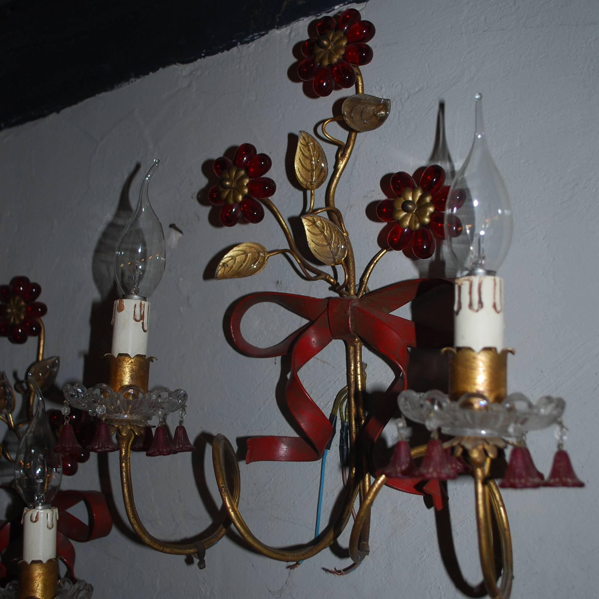 French Pair of 20th Century Brass and Glass Wall Sconces