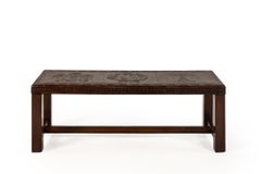 Peruvian Handcrafted Leather and Wood Coffee Table with Heraldic Decoration