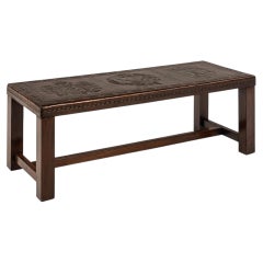 Peruvian Handcrafted Leather and Wood Coffee Table with Heraldic Decoration
