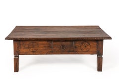 Antique Indonesian Teak Coffee Table with Drawer and Incised Decoration, 1900s