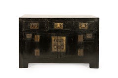 Antique Chinese Black-Lacquered Elm Cabinet with Brass Hardware, Late Qing