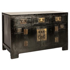 Antique Chinese Black-Lacquered Elm Cabinet with Brass Hardware, Late Qing