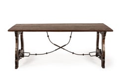 Spanish Chestnut Dining Table in Baroque Style with Wrought-Iron Supports, 1900s
