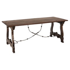 Spanish Chestnut Dining Table in Baroque Style with Wrought-Iron Supports, 1900s