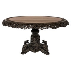 Large Antique Anglo-Burmese Carved Round Tilt-Top Table, circa 1880–1900