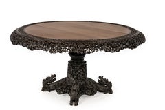 Large Antique Anglo-Burmese Carved Round Tilt-Top Table, circa 1880–1900