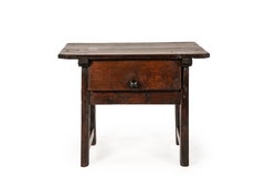 Tavolino rustico spagnolo d'epoca con cassetto, in legno di ciliegio, 1800–1850 circa