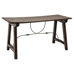 Rare Spanish Chestnut Table or Writing Desk with Hand-Forged Iron Stretchers