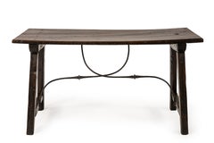 Rare Spanish Chestnut Table or Writing Desk with Hand-Forged Iron Stretchers