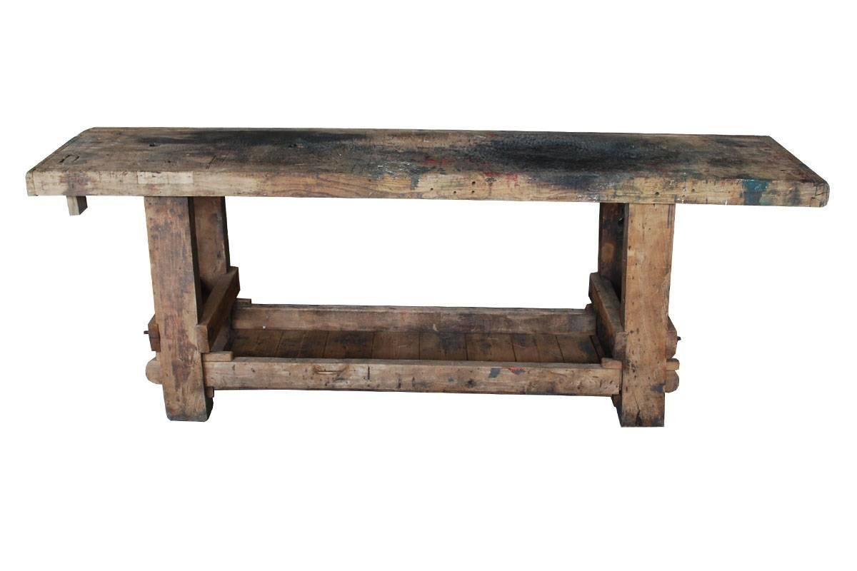 20th century French carpenters workbench made from beechwood. 
Originates France, dating, circa 1900.