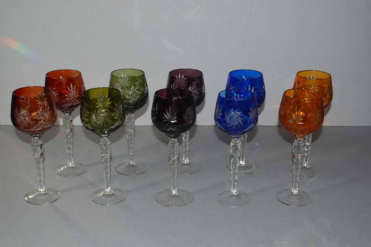 Set of ten (five different colors) bohemian wine goblets / glasses.
Originates Czech Republic, dating circa 1950.