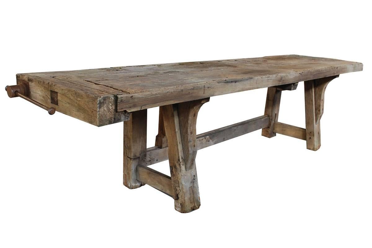 Characteristic carpenters workbench made from oakwood.
Originates France, dating circa 1920.