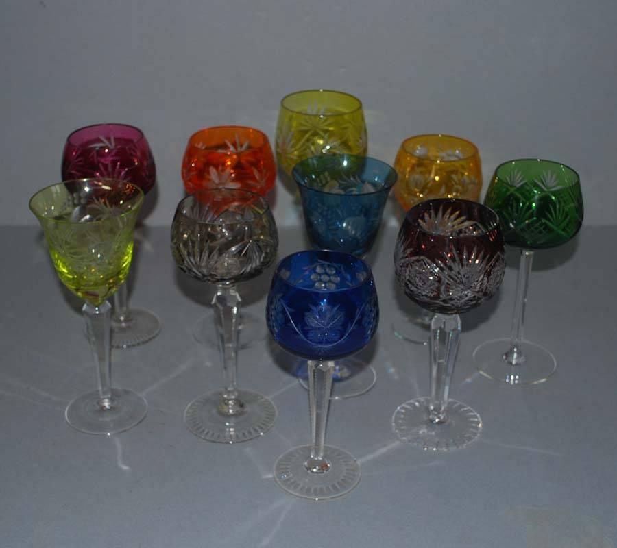 Lot of ten different crystal Bohemian wine goblets/glasses.
Originates Czech Republic, dating circa 1950.