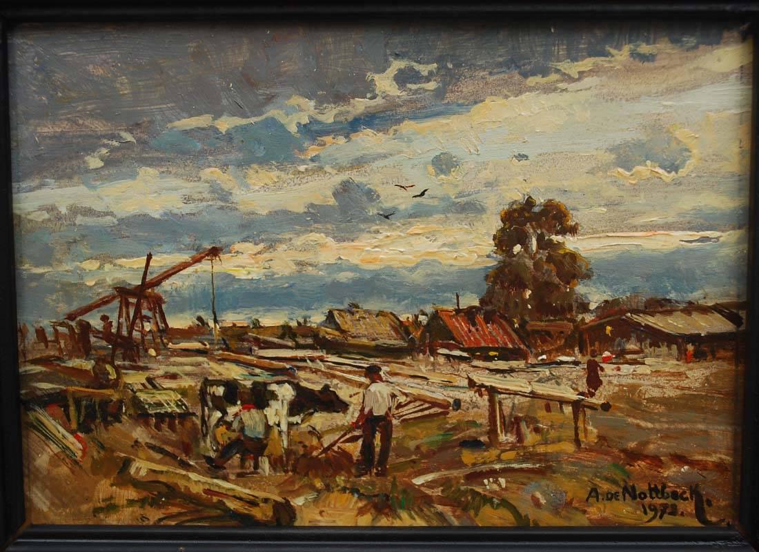 20th century oil on copper painting by the Dutch/American painter A. de Nottbeck.
Pictured a landscape with sawmill and farmers.
Dated 1972.
(Dimensions are without frame.)