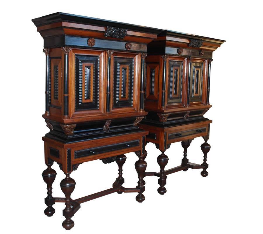 Pair of two identical Dutch cabinets on stand.
Made from rosewood, ebony and oakwood.
Originates Holland, dating, circa 1780.