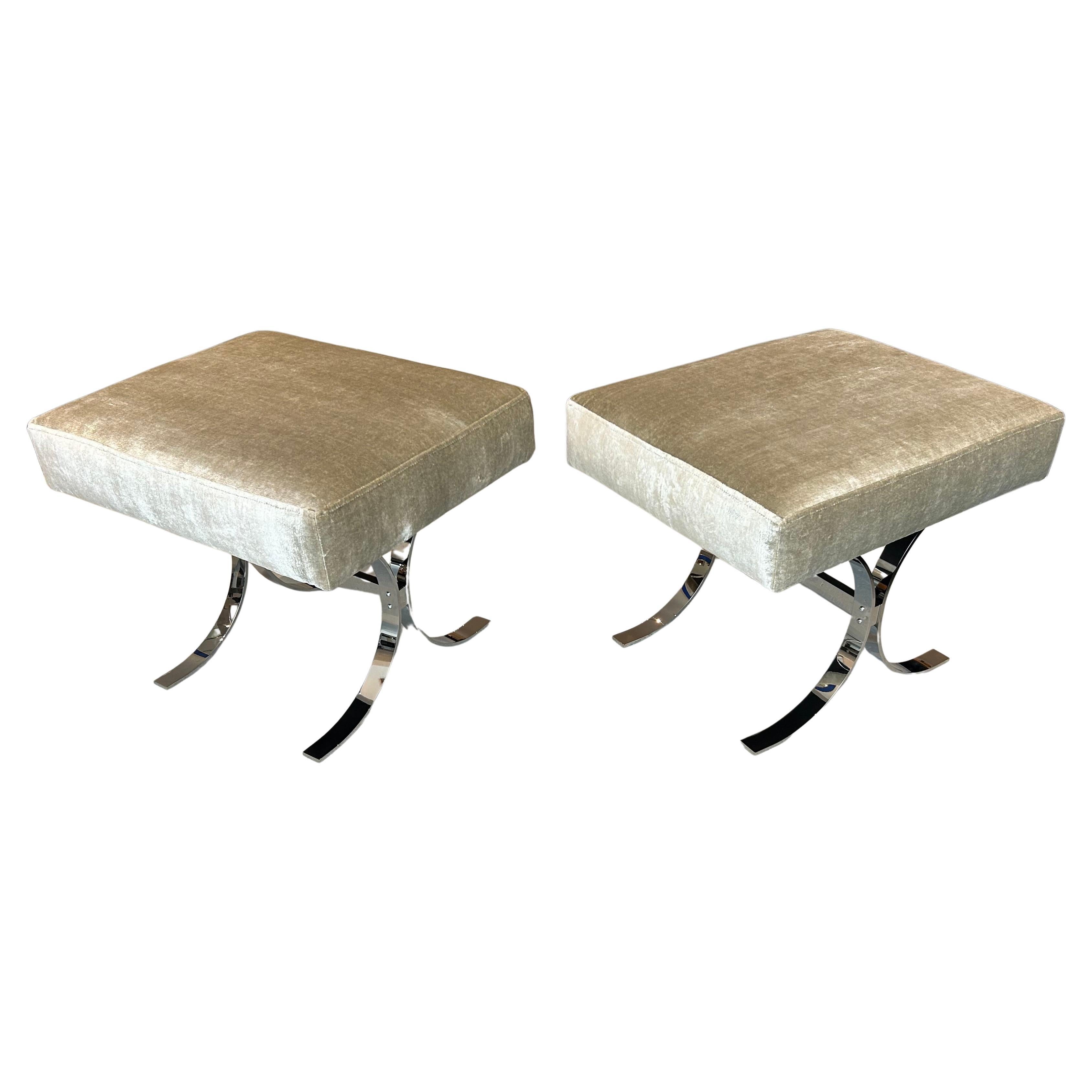 Pair of Velvet & Chromed Steel Ottomans, 2-Way Base Placement
