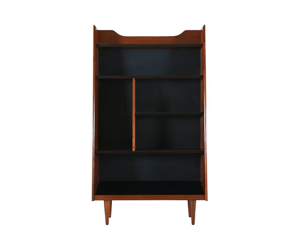 Manufacturer: Dillingham
Period/style: Mid-Century Modern
Country: United States
Date: 1950s

Dimensions: 65 H x 36.5 W x 13.25 D
Materials: Walnut wood, ebonized wood
Condition: Excellent, newly refinished
Number of items: One
ID number: