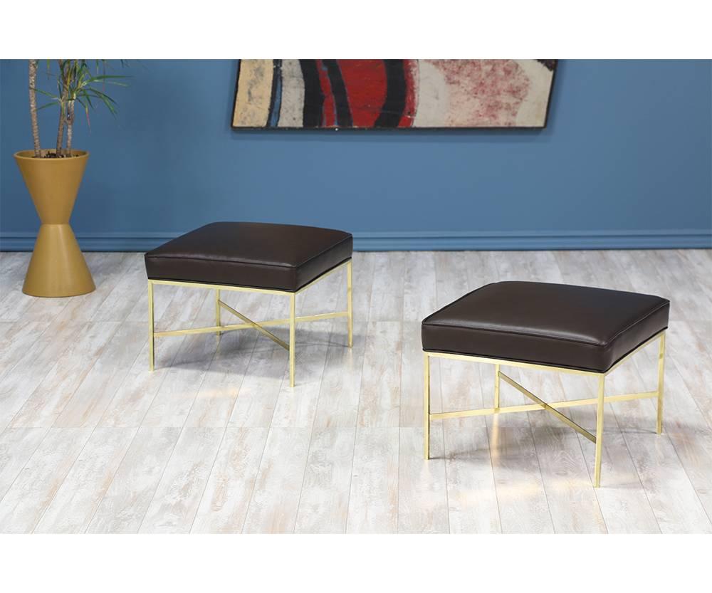Designer: Paul McCobb
Manufacturer: Calvin Group “Irwin Collection”
Period/Style: Mid-Century Modern
Country: United States
Date: 1950s.

Dimensions: 16? H x 20? L x 20? W
Materials: Newly polished brass, new leather seats
Condition: