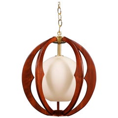 Retro Midcentury Sculpted Walnut Globe Pendant Chandelier