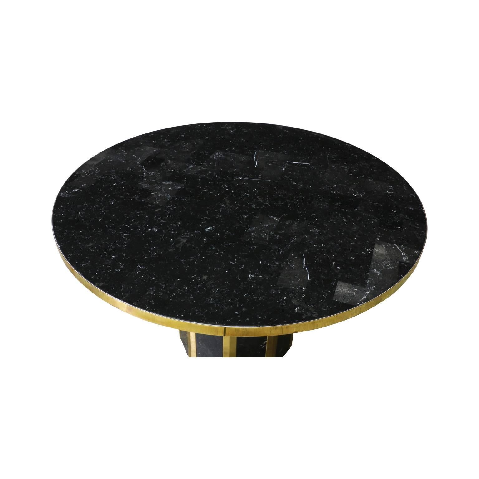 American Vintage Black Marble Dining Table with Brass Detail