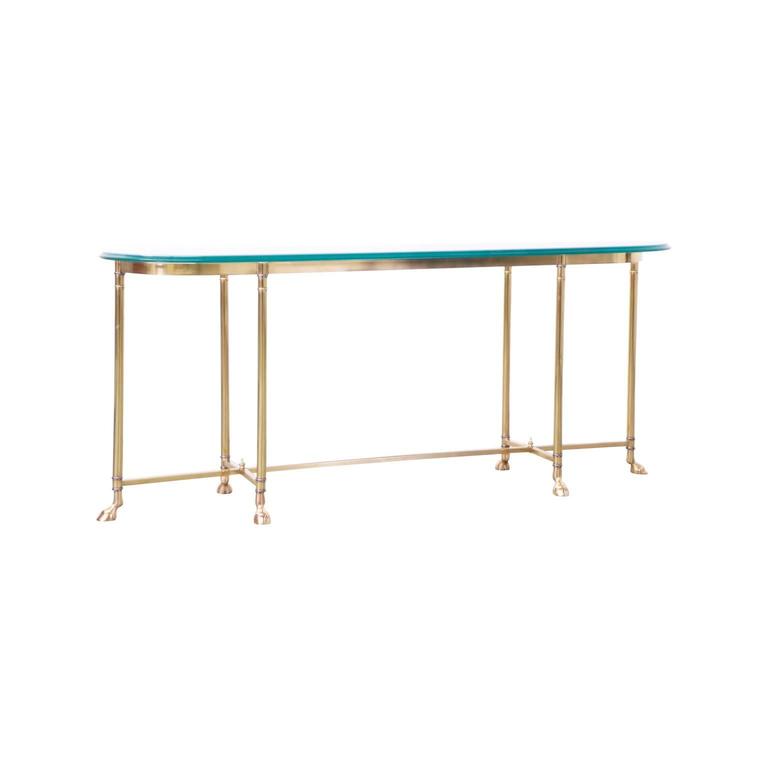 Vintage Brass Hoof Foot Console Table with Glass Top For Sale at 1stDibs