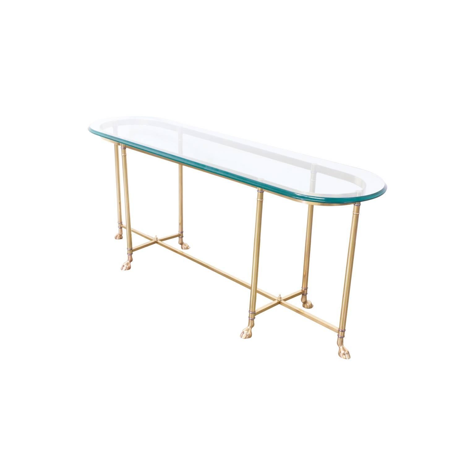 Mid-Century Modern Vintage Brass Hoof Foot Console Table with Glass Top
